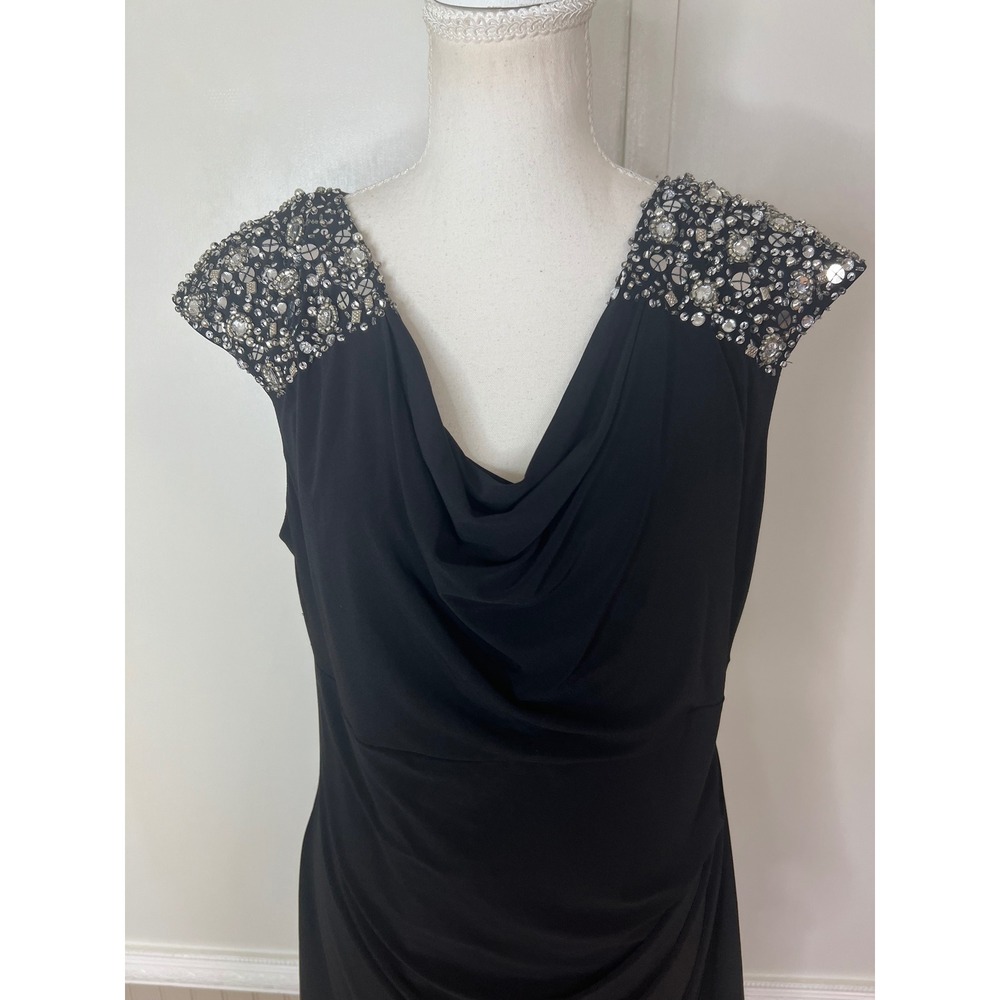 Alex Evenings Black Embellished Shoulder Cowl Neck Ruched Cocktail Dress 12